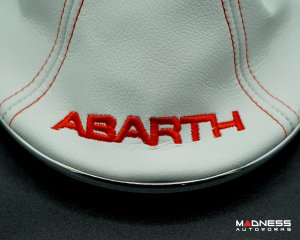 FIAT 500 Gear Shift Boot + Retaining Ring Set- White EcoLeather w/ Red Stitching + ABARTH Logo